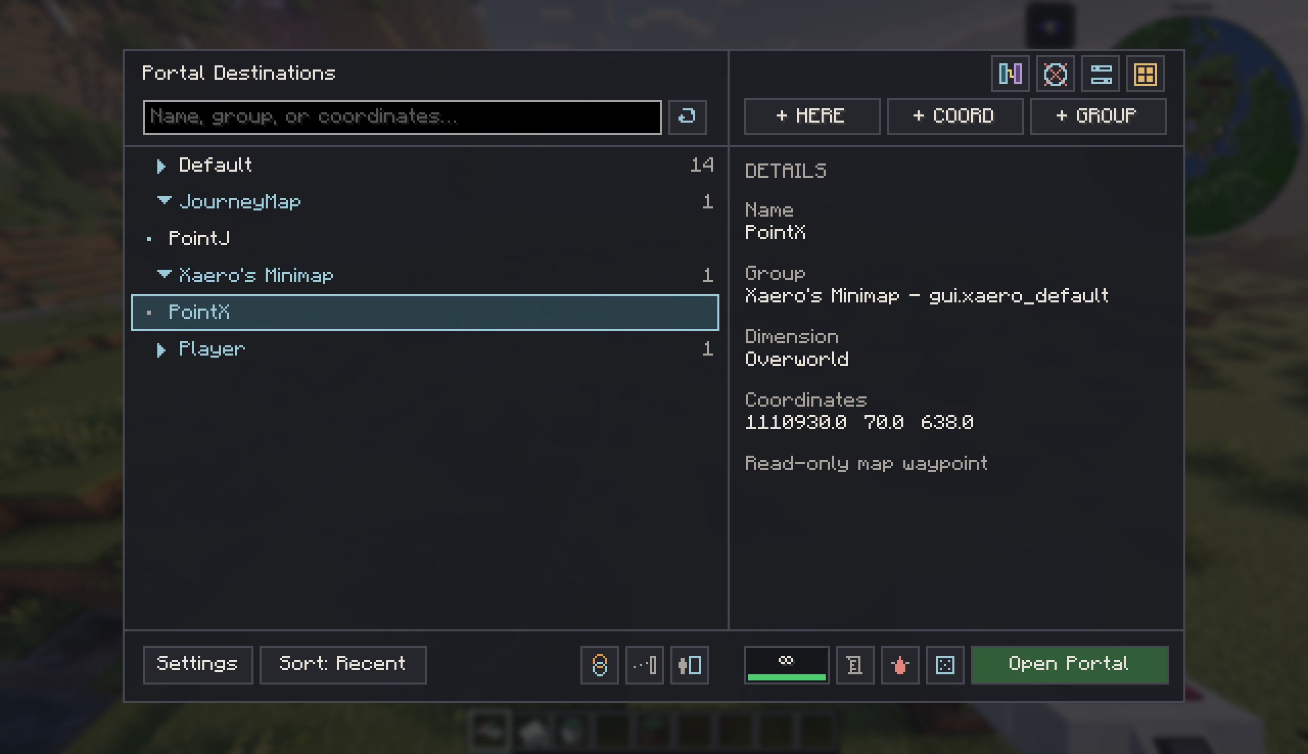 JourneyMap and Xaero's Minimap waypoint sections in Portal Destinations