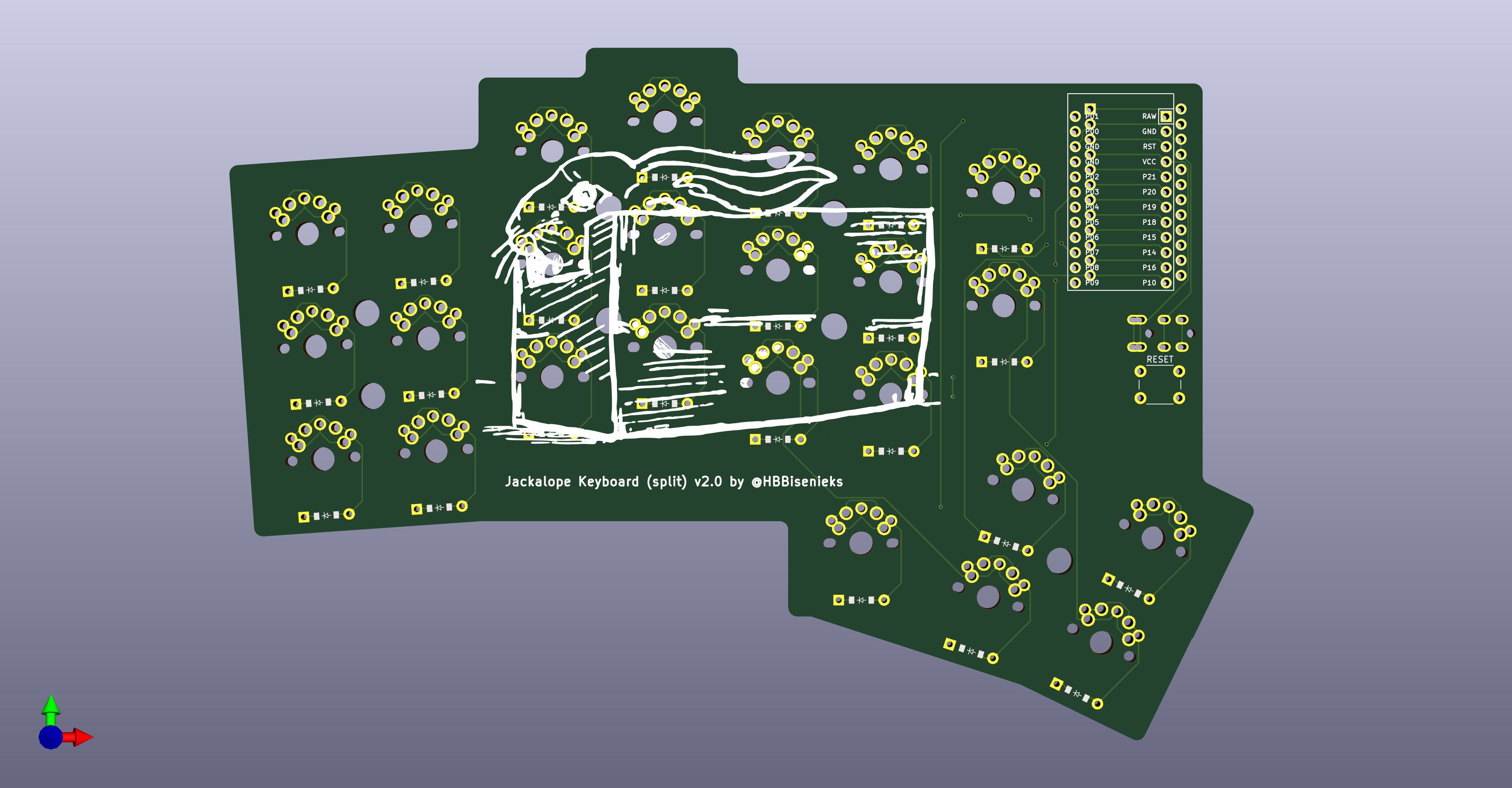 3D render of a split keyboard PCB. The board is shaped vaguely like the state of Vermont on its side. There is a drawing of a rabbit in a box printed on the board.