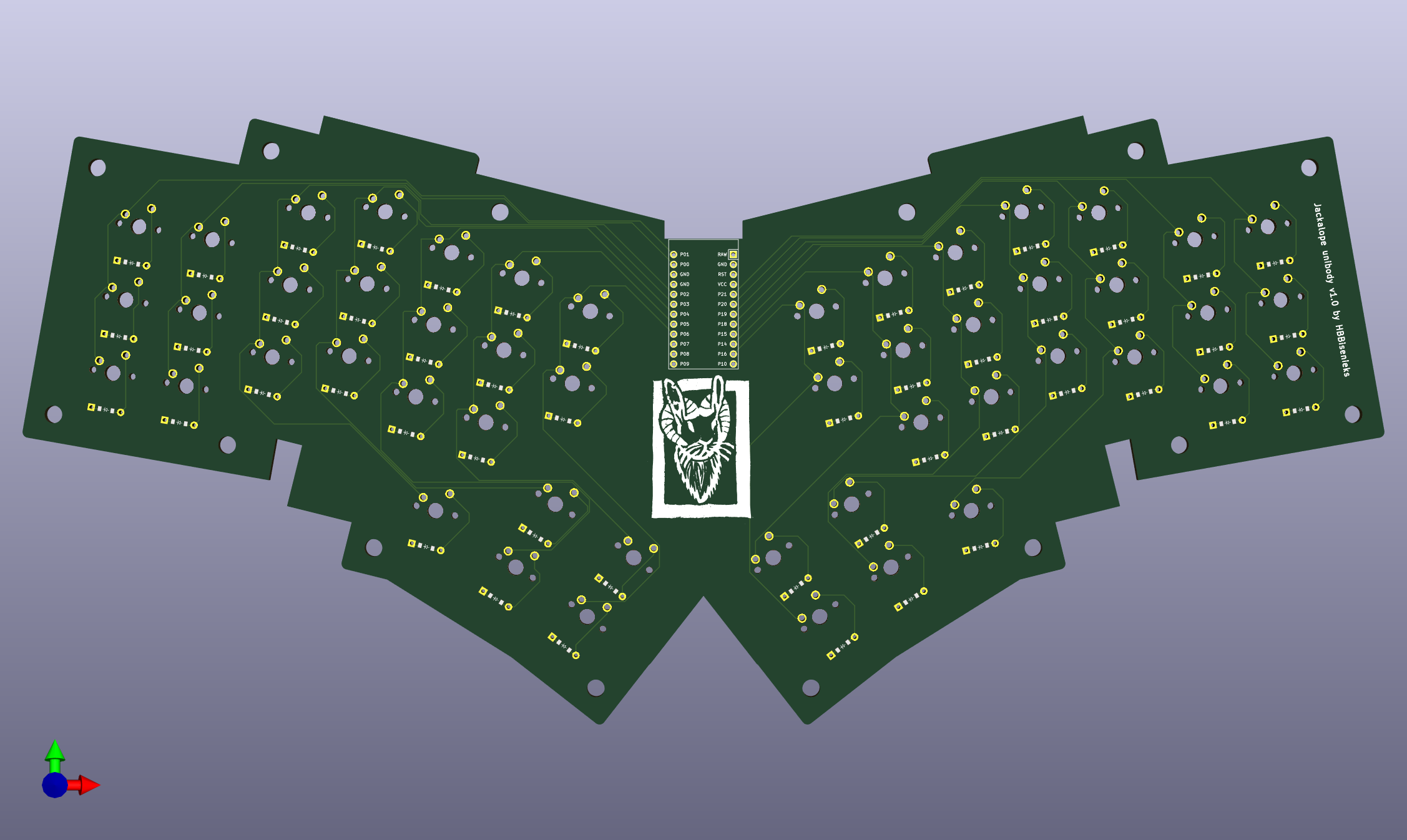 3D render of a keyboard pcb. The board is vaguely bat-shaped and has 6 columns of 3 keys plus and inner column of 2 keys above a 5-key thumb cluster on either side of the board, with space for a microcontroller in the center