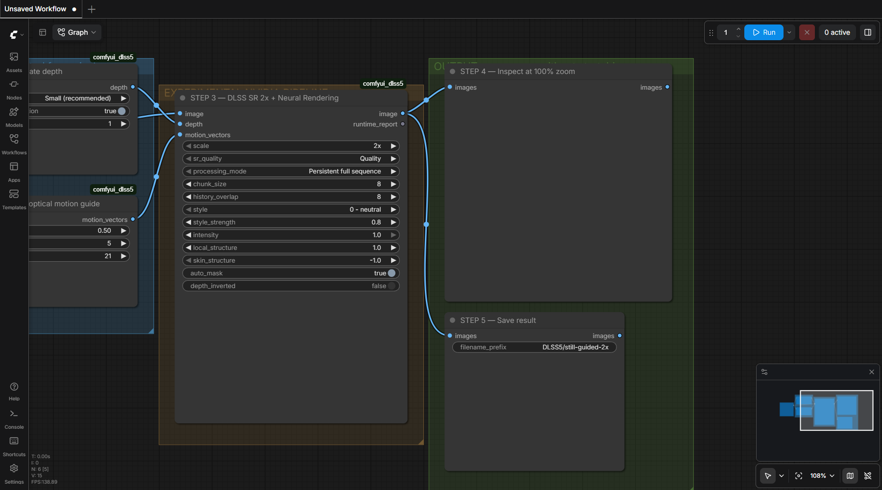 Detailed ComfyUI view of the full DLSS SR and Neural Rendering node