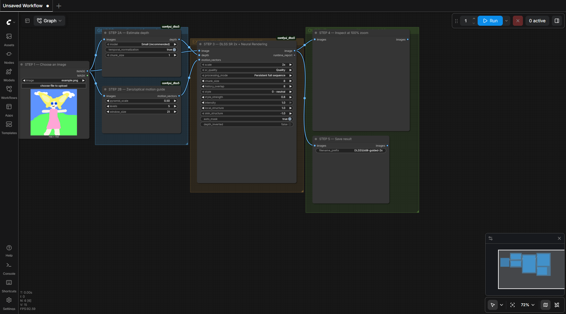 Complete advanced ComfyUI workflow with depth, motion, full DLSS pipeline, preview, and save stages