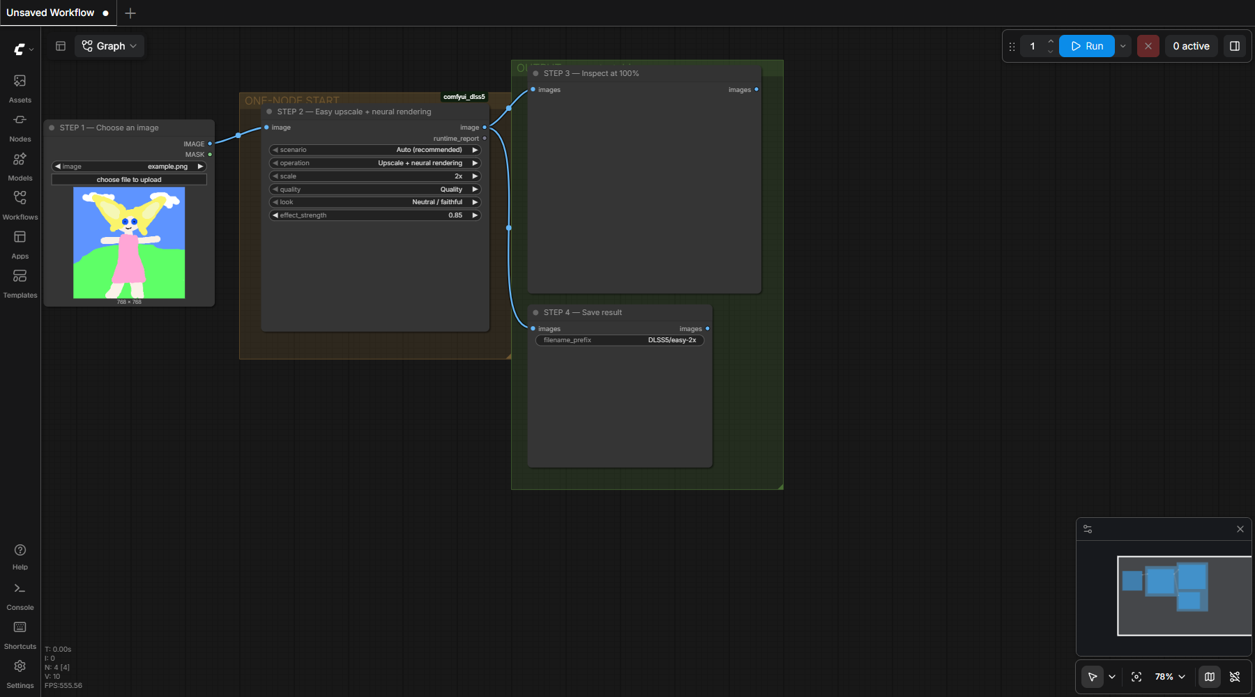 Complete Easy ComfyUI workflow with Load Image, Experimental DLSS Easy Upscale and Render, Preview, and Save nodes