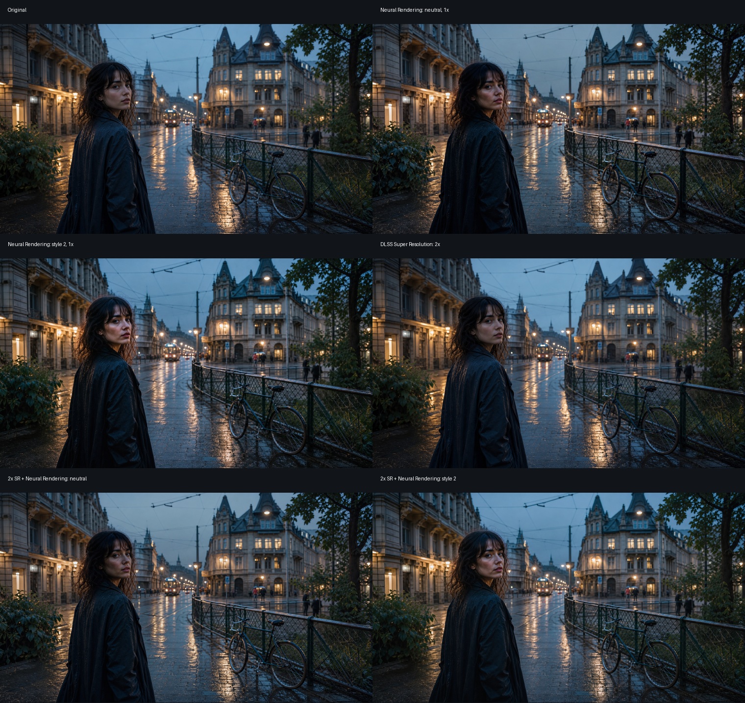 Rainy city original and five tested runtime variants
