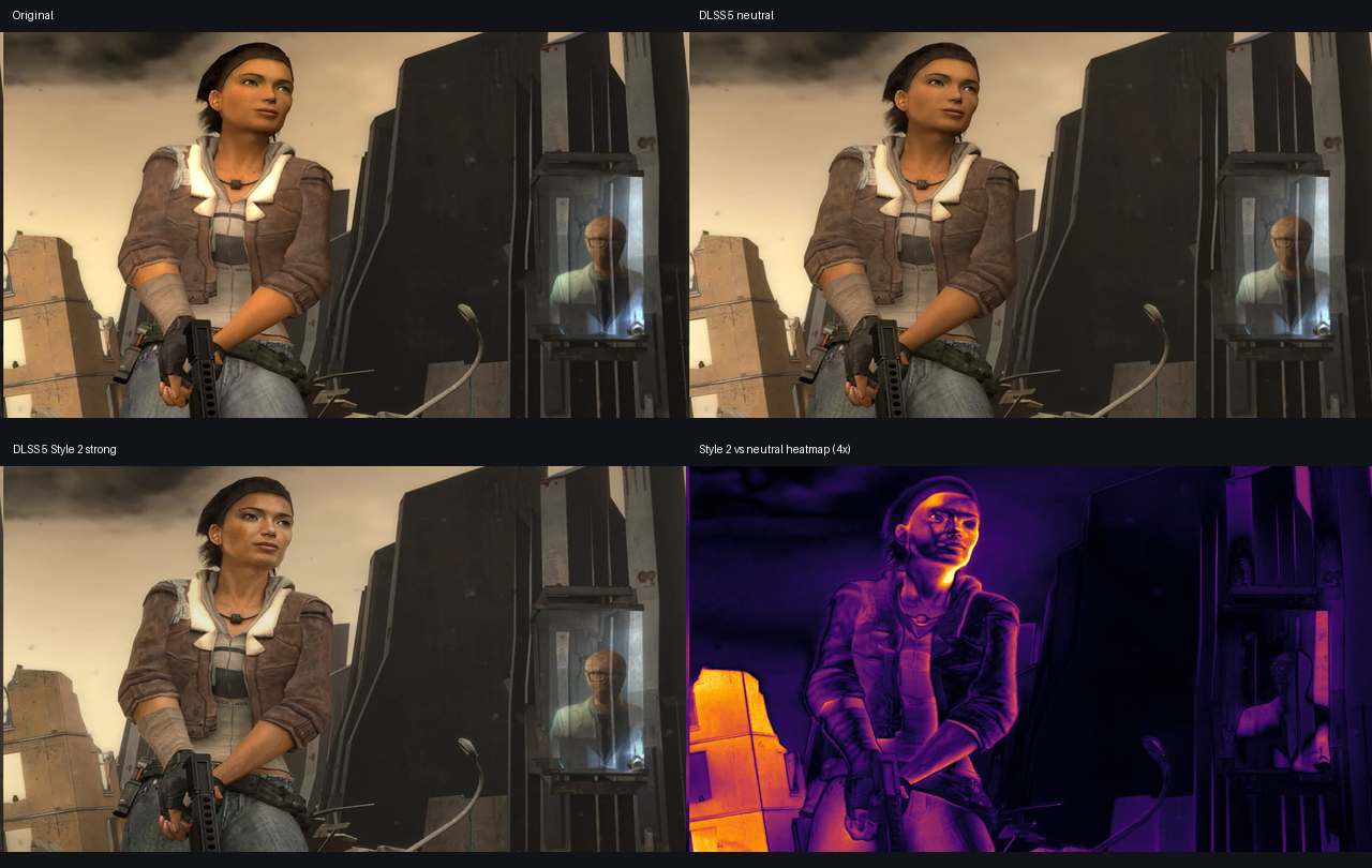 Alyx original, neutral neural rendering, stronger style, and difference heatmap