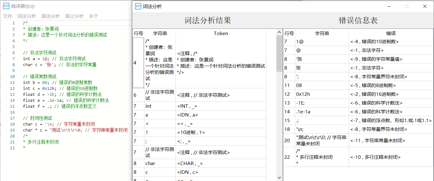 词法分析结果界面