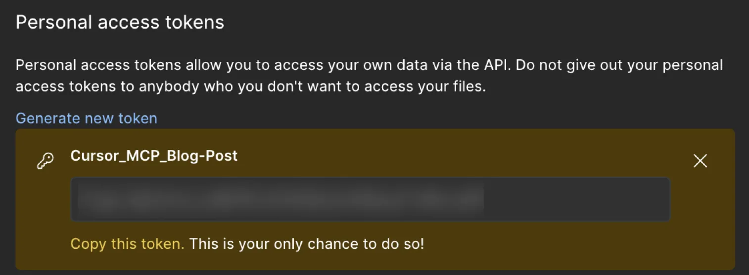 Figma API 토큰 복사 화면 - 생성된 토큰을 안전하게 복사하는 과정