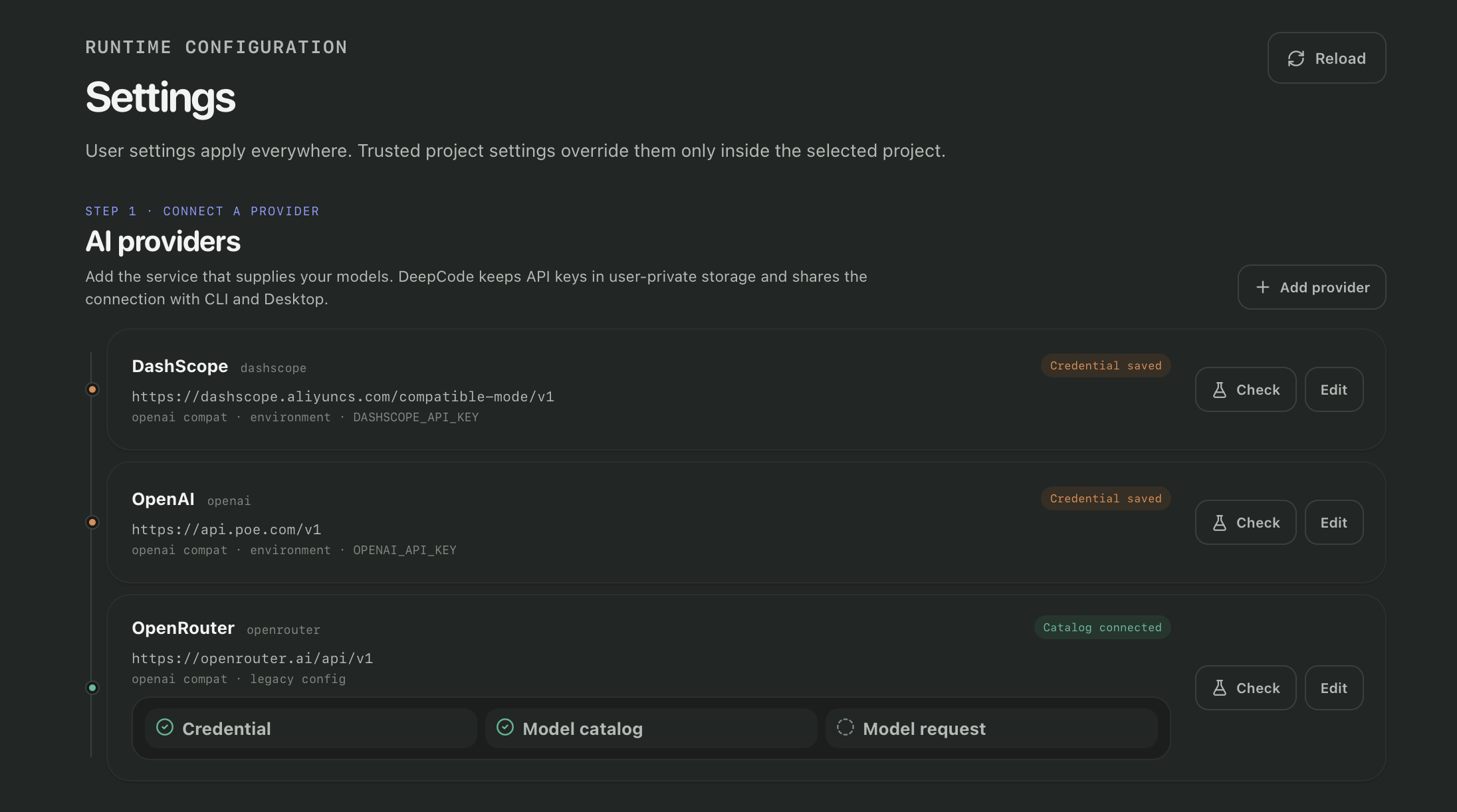 Configure an AI provider and model in DeepCode Desktop