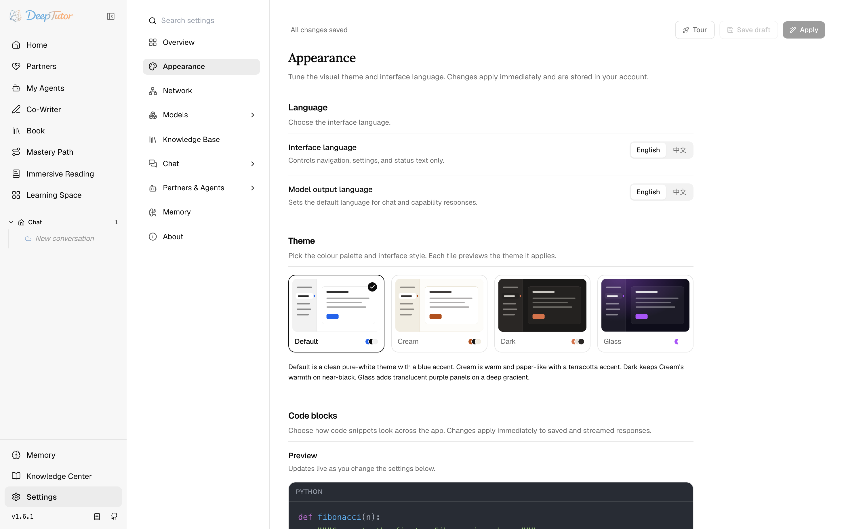 DeepTutor appearance settings and themes