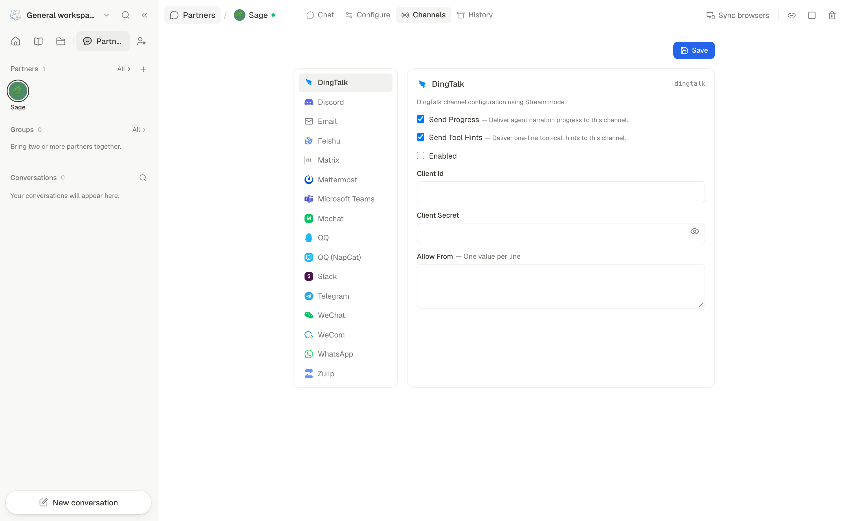 Per-partner IM channel configuration