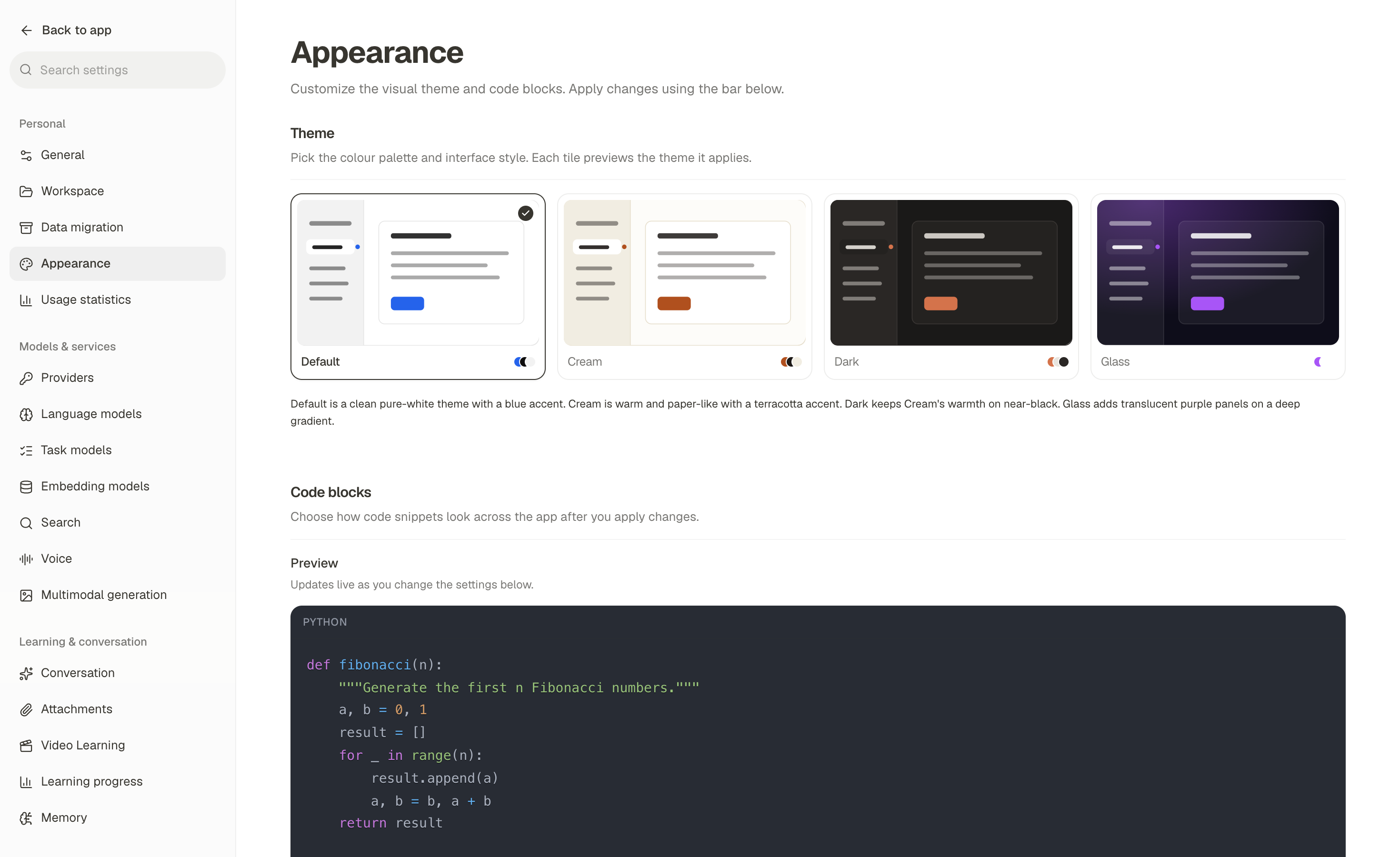 DeepTutor appearance settings and themes