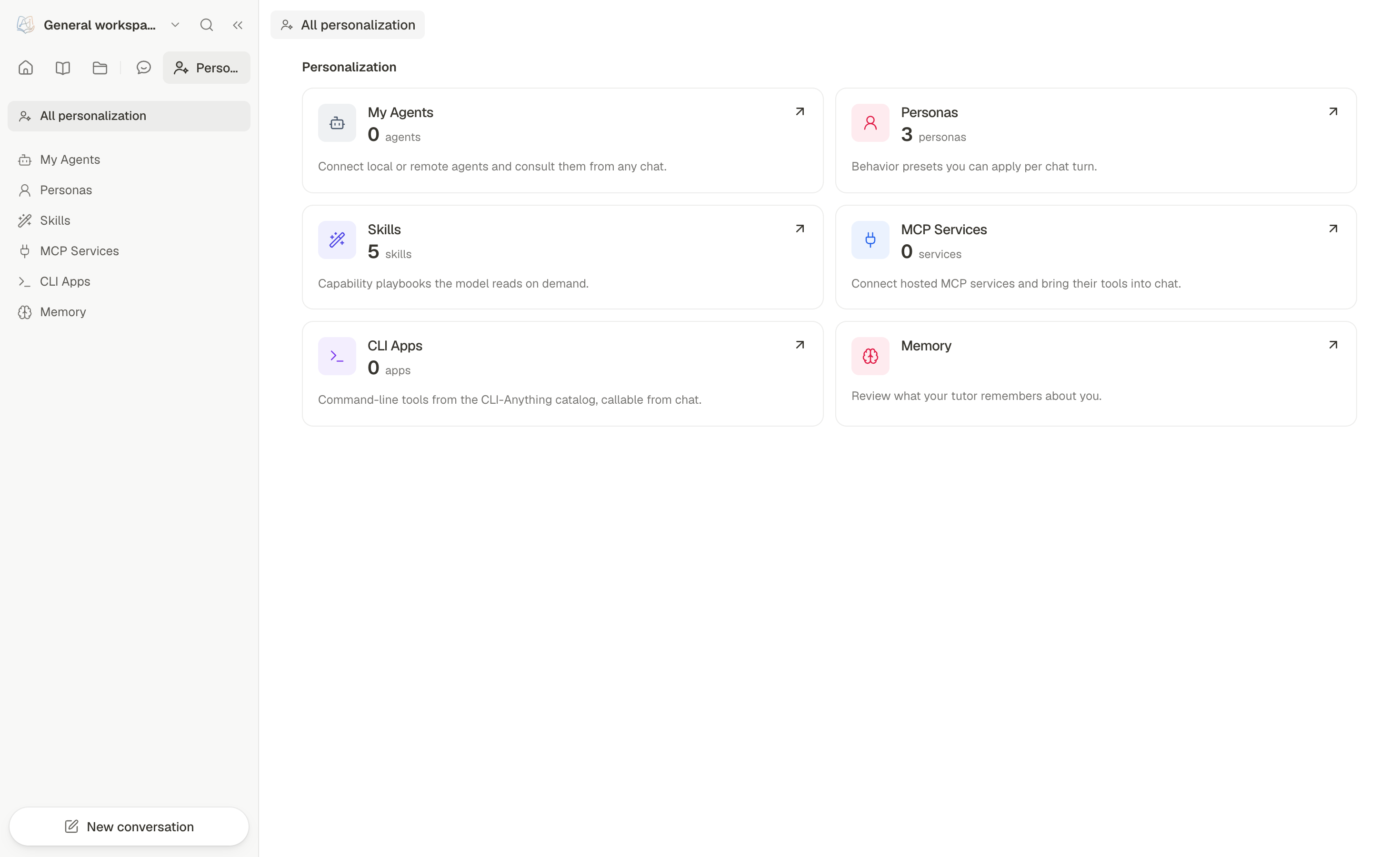 Account personalization: agents, personas, skills, and connections