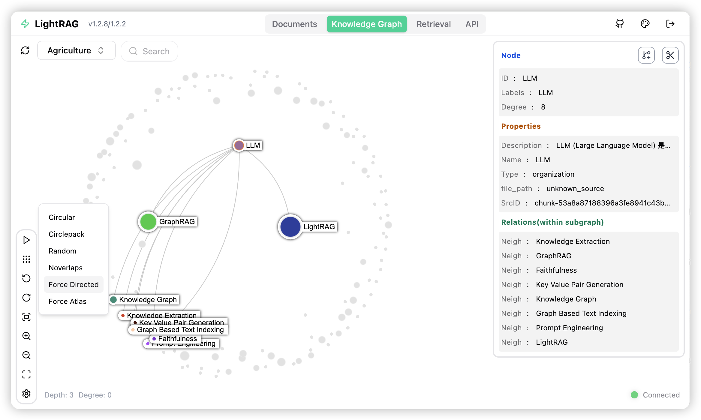 Screenshot LightRAG WebUI hiển thị graph exploration và giao diện quản lý/query