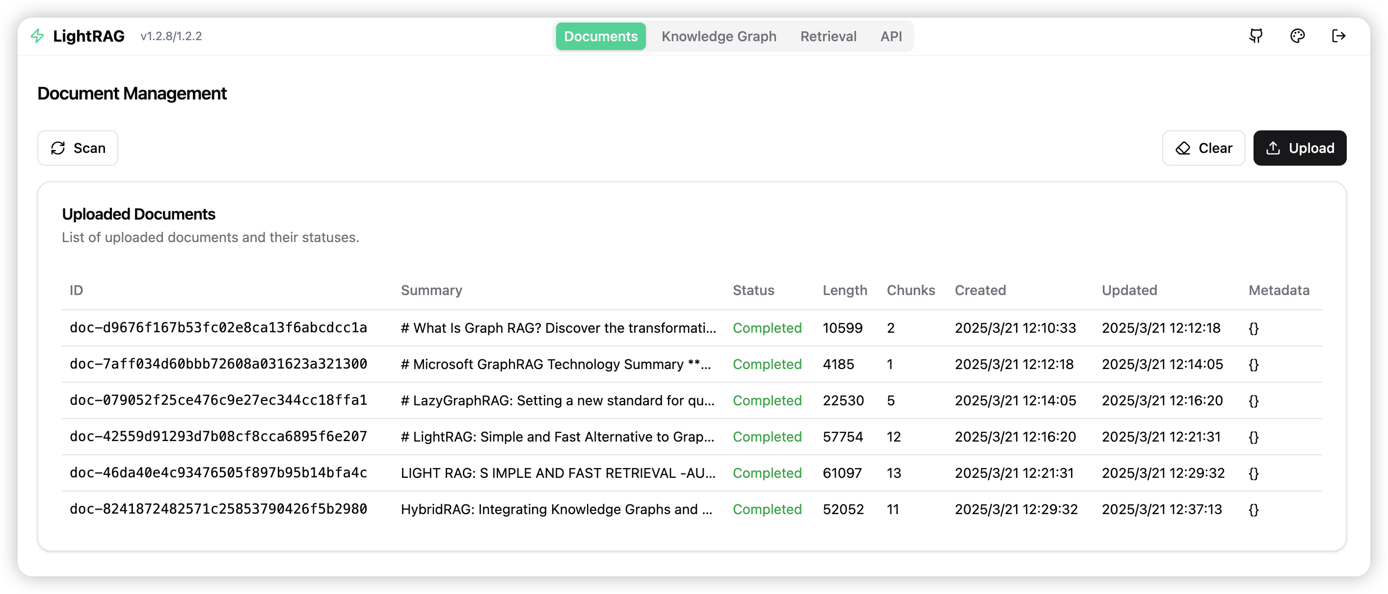 LightRAG API Server WebUI screenshot với giao diện quản lý tài liệu và graph