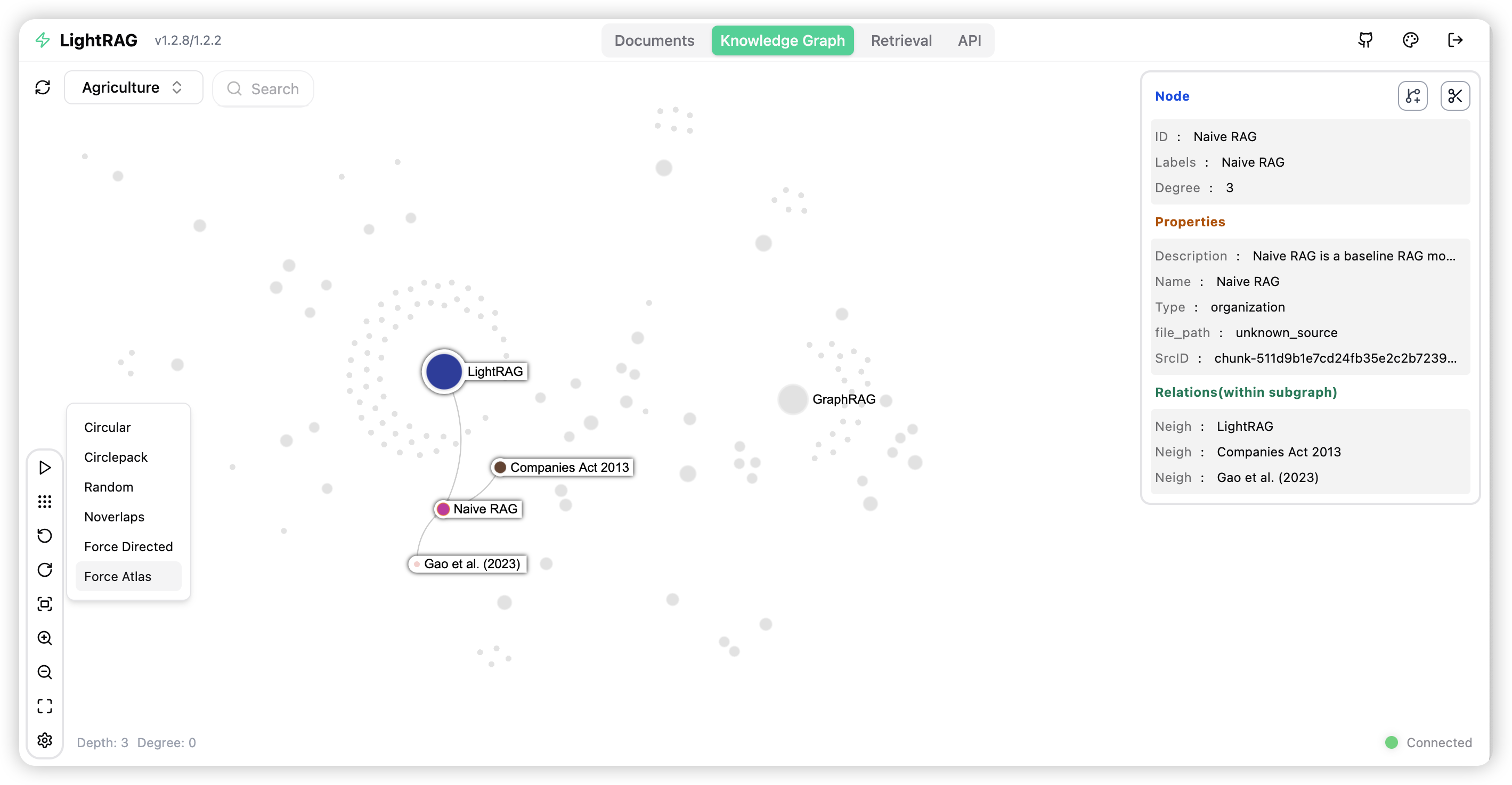LightRAG WebUI screenshot hiển thị graph/query interaction