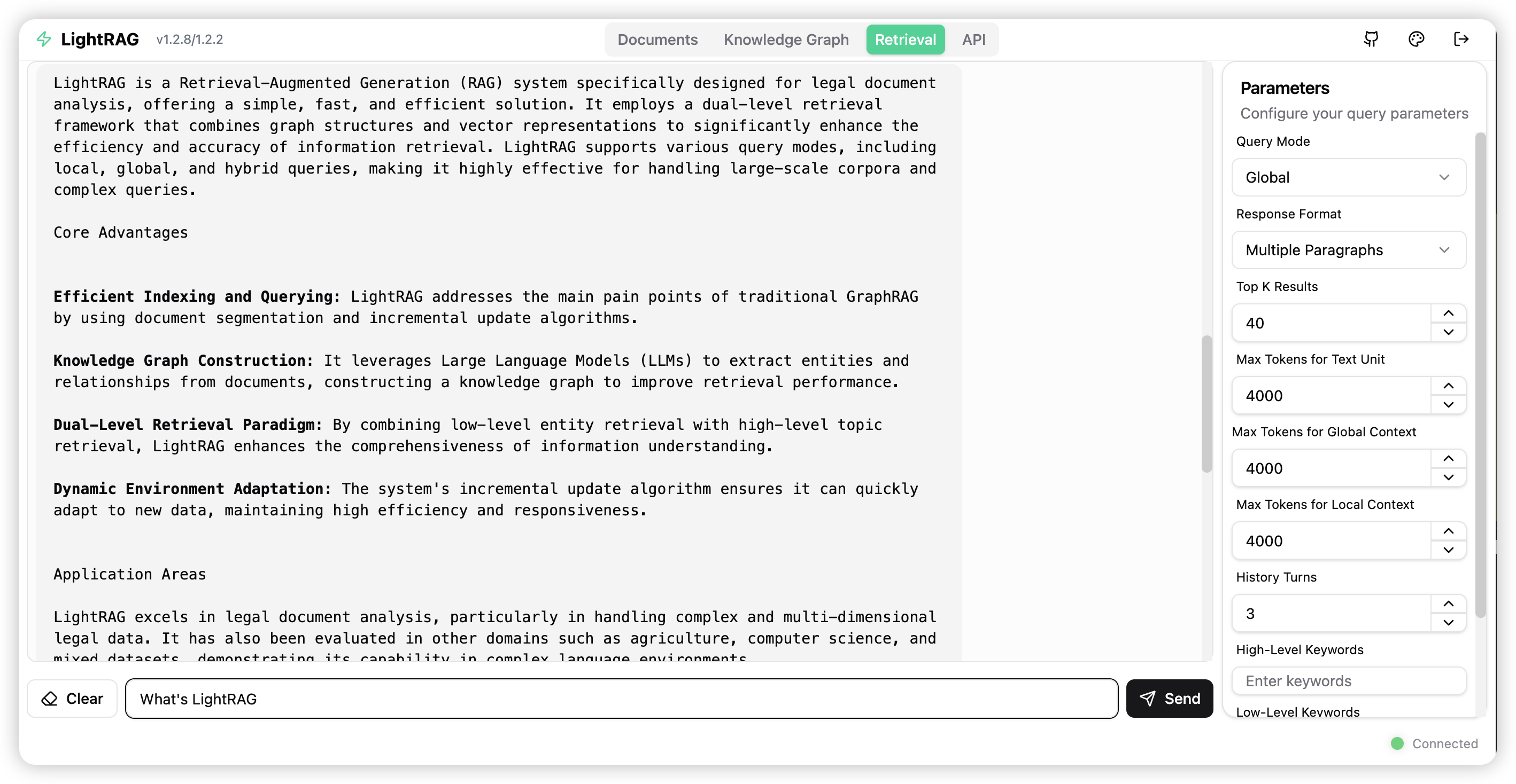 LightRAG WebUI screenshot về query/document interface