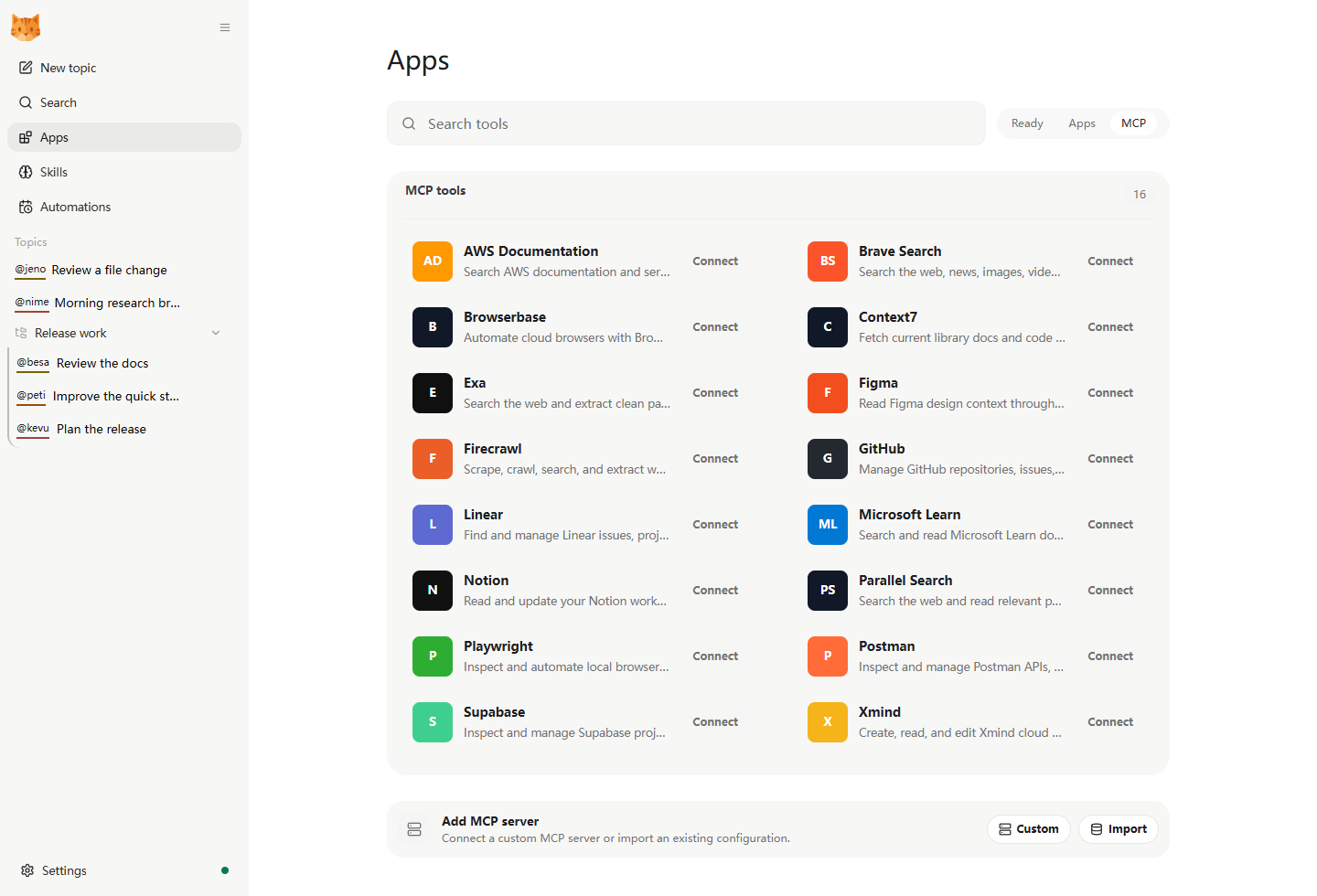 The Apps MCP catalog with integration presets and controls to add or import a custom MCP server