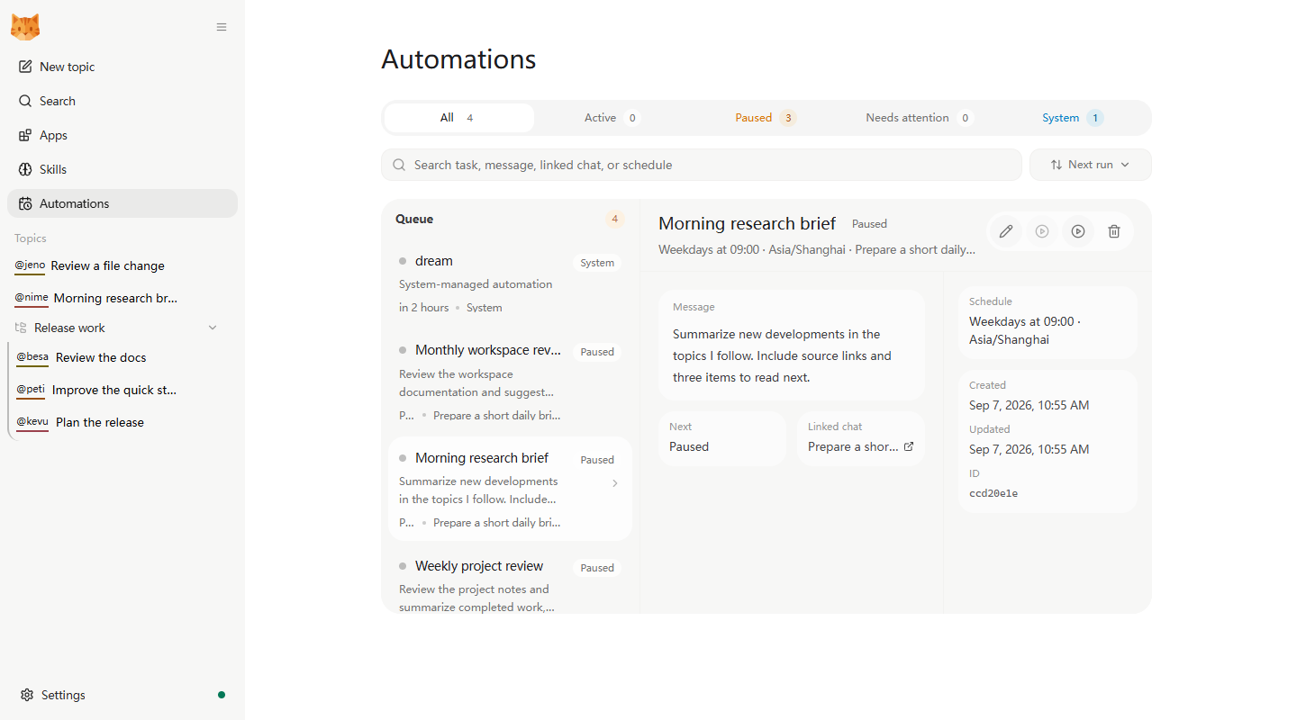 The Automations view with example recurring tasks, a selected daily brief, its schedule, linked chat, and management controls