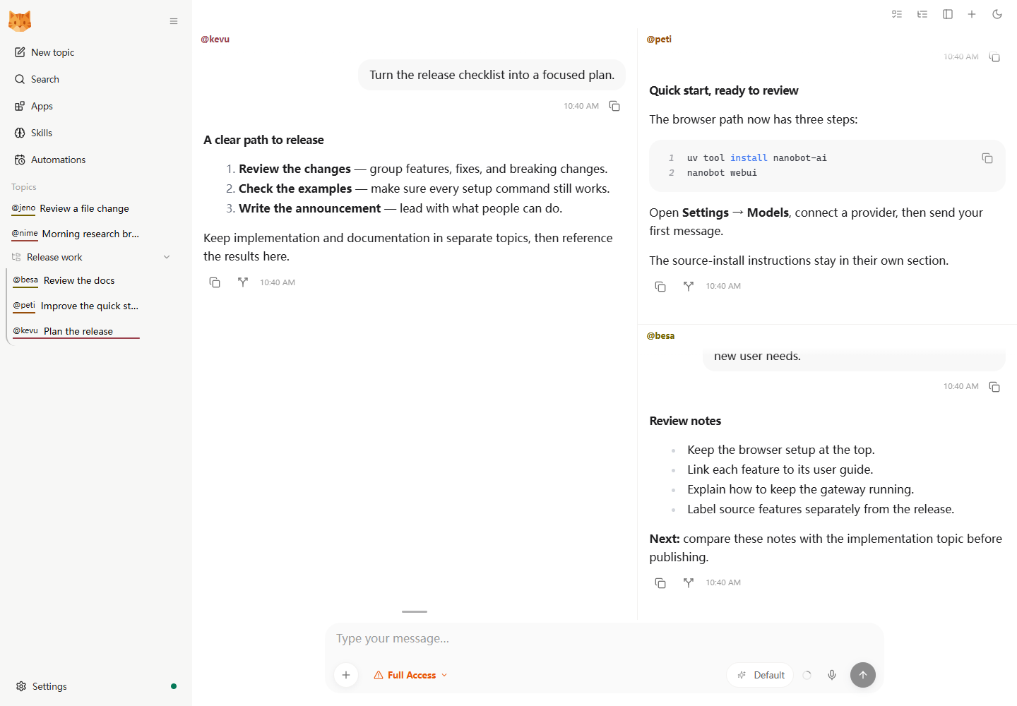 Three conversations in one workbench: a release plan beside quick-start work and documentation review