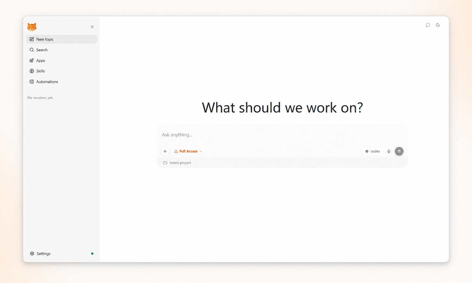 nanobot WebUI preview with model, project, Apps, Skills, and Automations controls