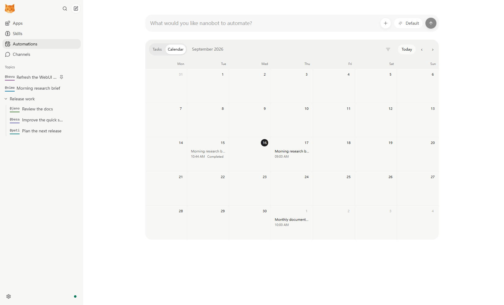 The Automations calendar with completed and upcoming recurring tasks arranged by date