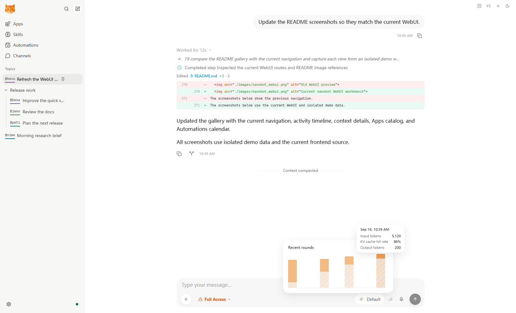 An expanded file-edit diff above the context usage chart, with input tokens and cache reuse shown across four rounds