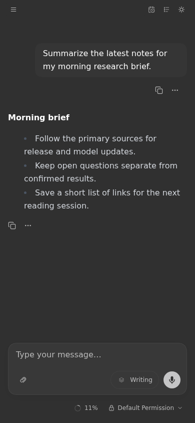 Mobile WebUI in dark theme with a saved conversation, model controls, context usage, and workspace-only permissions