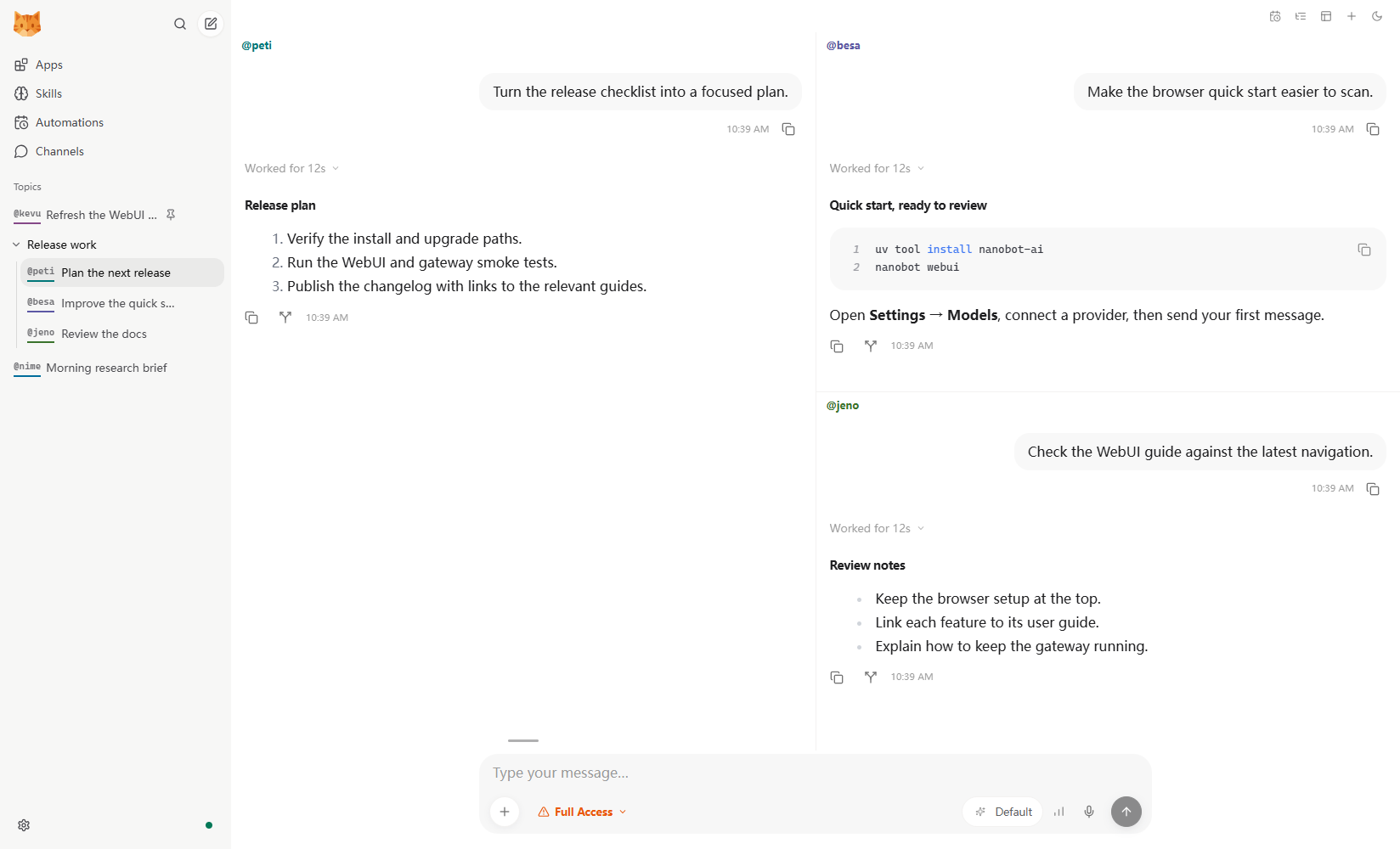 Three conversations in one workbench: a release plan beside quick-start work and documentation review