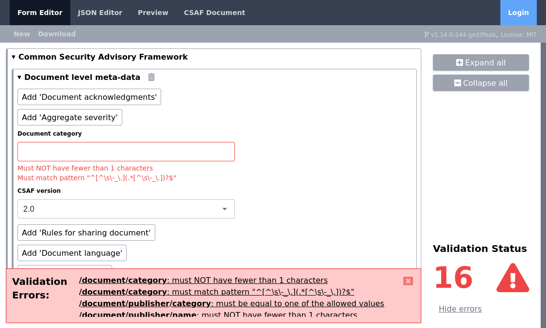 Secvisogram CSAF Editor Screenshot