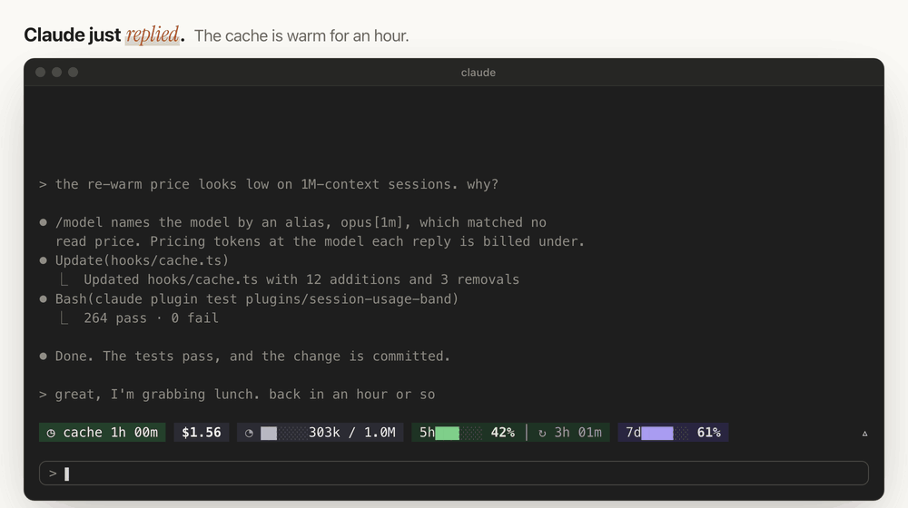 The same story in a terminal: the countdown, the amber last minute, the cold cache and the cards, as text