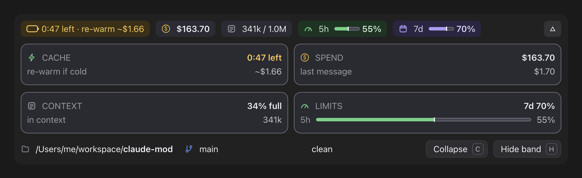 The band expanded on the desktop: chips for the cache, cost, context and the 5h and 7d limits, then the Cache, Spend, Context and Limits cards, the project path and branch, and the Collapse and Hide band buttons