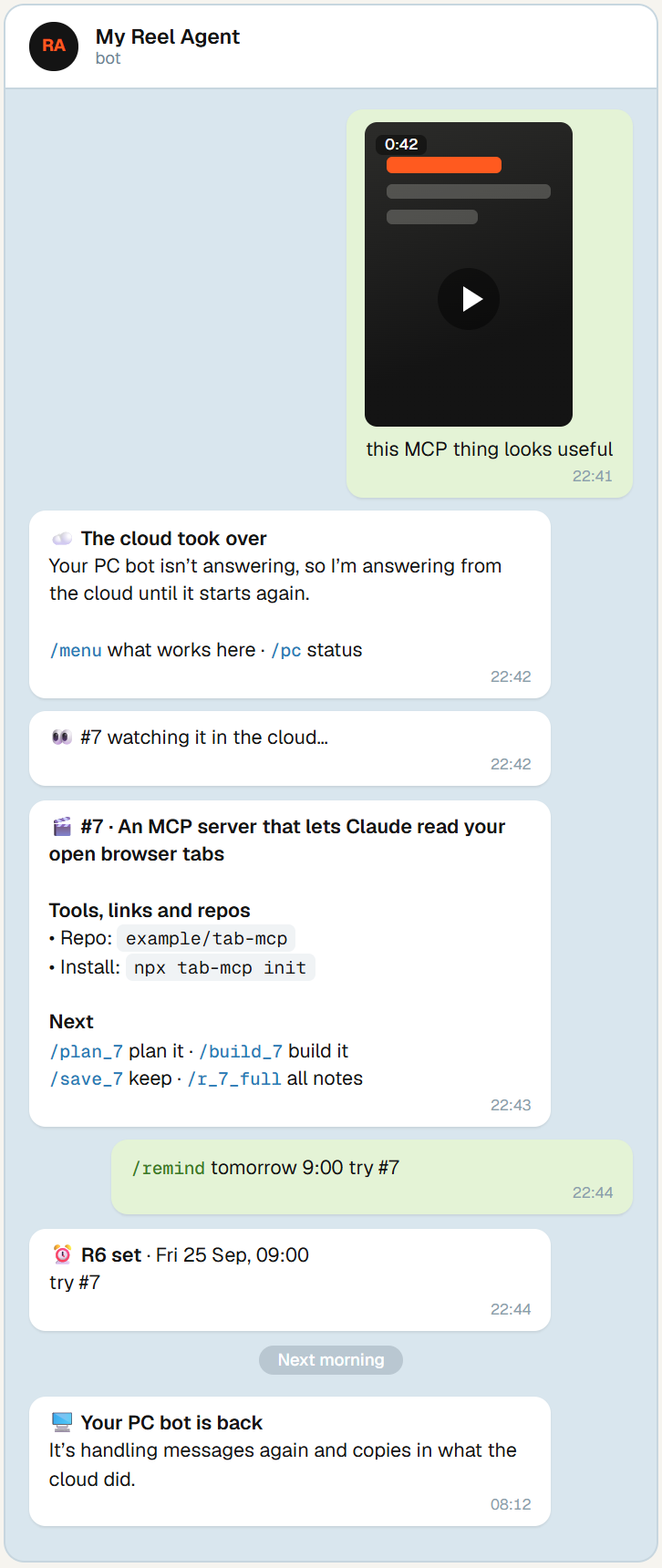 A Telegram conversation late at night: a video sent to the bot, the message that the cloud took over, the video's breakdown, a reminder set for the morning, and the next morning a message that the PC bot is back.