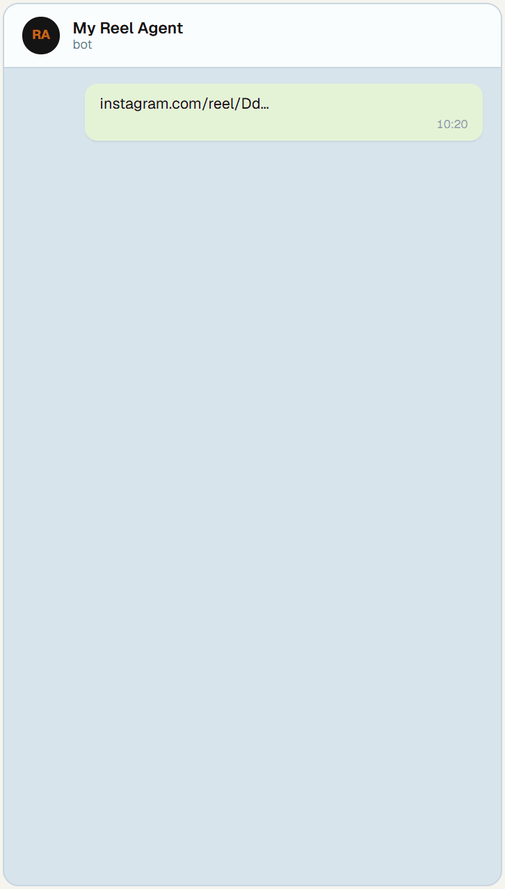 A Telegram conversation playing out: a reel link, the bot's breakdown card with one-tap next steps, a tapped build command, an approval request for 'git init', and the yes.