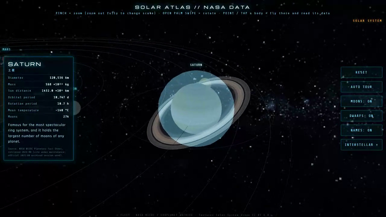Saturn with its NASA data card
