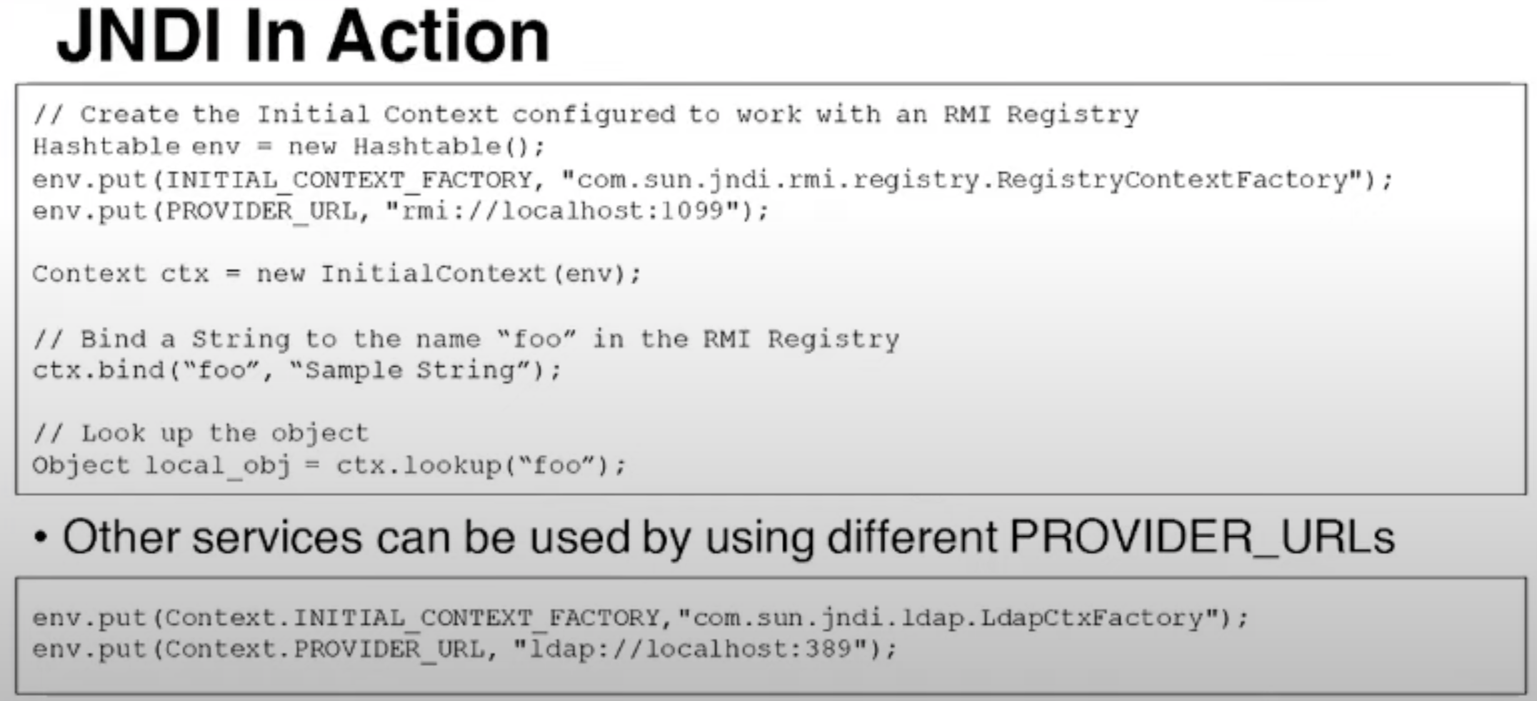 JNDI Naming Reference - JNDI Example: Despite protections, vulnerabilities remain, mainly due to the lack of safeguards against loading JNDI from untrusted sources and the possibility of...