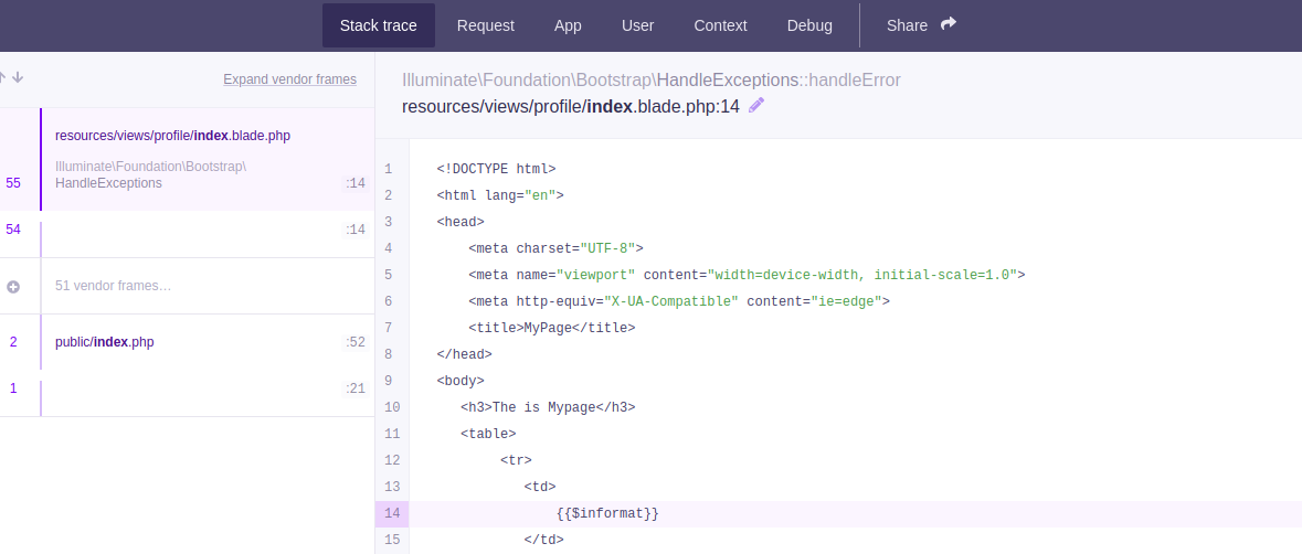Laravel Tricks - Debugging mode: For example http://127.0.0.1:8000/profiles