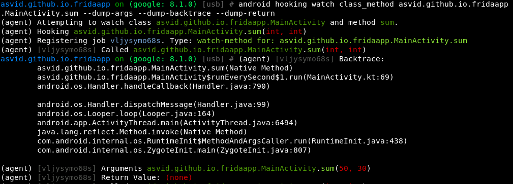Hooking being easy - Hooking (watching) a method: android hooking watch class method asvid.github.io.fridaapp.MainActivity.sum --dump-args --dump-backtrace --dump-return