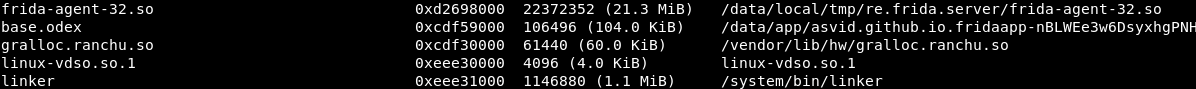 Frida shown in the loaded-module list