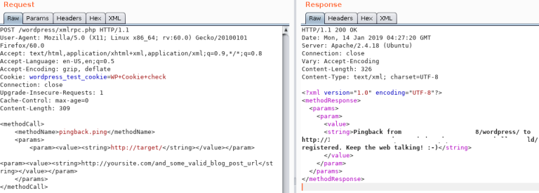 WordPress XML-RPC pingback request with target and source blog post URLs