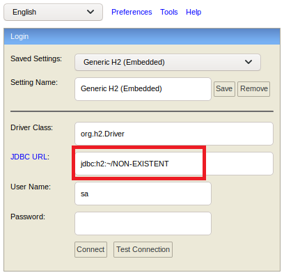 H2 Console connection form configured for a new database