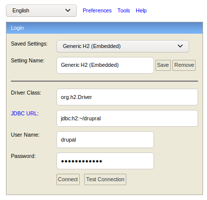 H2 Console connection form configured for an existing database