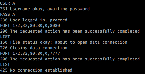 FTP Bounce - Scanning - Manual: Example using PORT (port 8080 of 172.32.80.80 is open and port 7777 is closed)