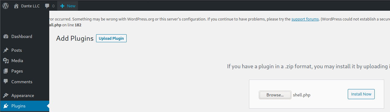 Plugin RCE - PHP plugin: Upload plugin and press Install Now