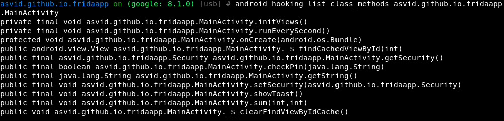 Search Methods of a class - List declared Methods of a class with their parameters: android hooking list class methods asvid.github.io.fridaapp.MainActivity