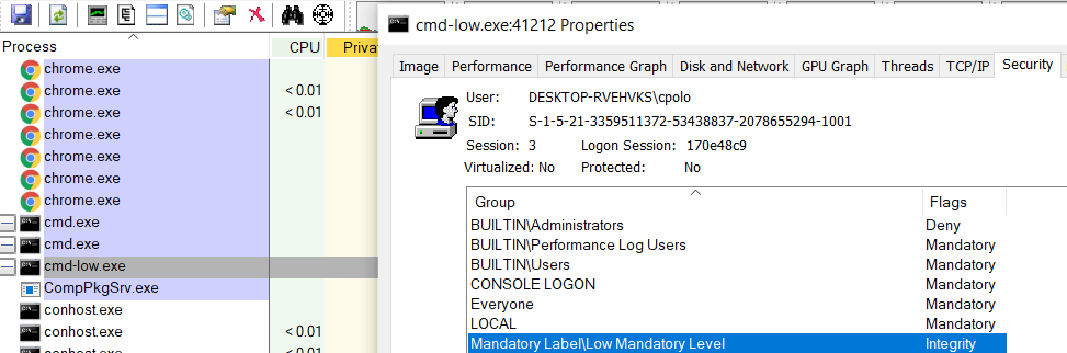 Integrity Levels in File-system - Integrity Levels in Binaries: Now, when I run cmd-low.exe it will run under a low-integrity level instead of a medium one
