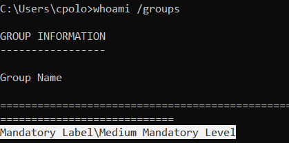 Integrity Levels - Integrity Levels: You can also get your current integrity level using whoami /groups