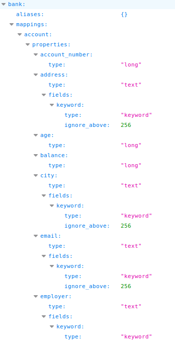 Elasticsearch bank index metadata response showing mappings and stored fields