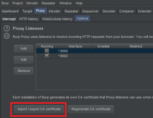 Clear proxy - On a Virtual Machine: First of all you need to download the Der certificate from Burp. You can do this in Proxy -- Options -- Import / Export CA certificate